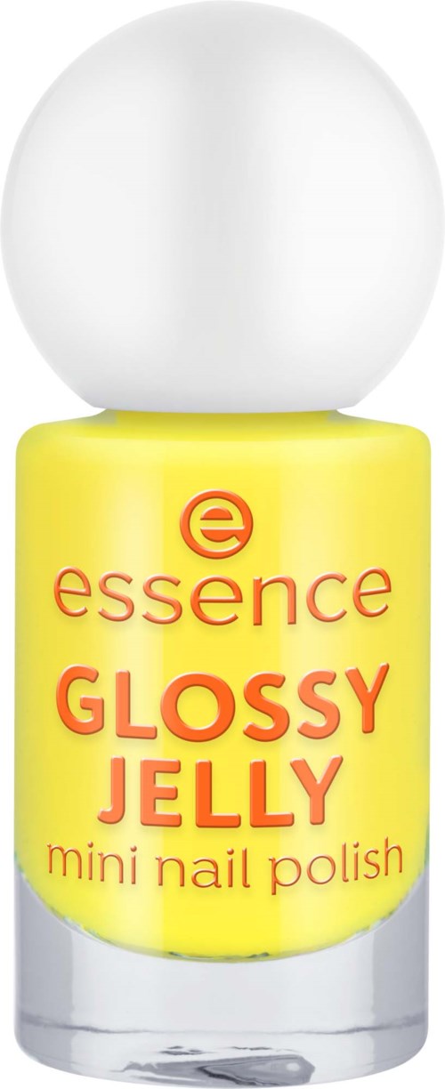 Ein gelber Nagellackflasche mit weißem Deckel, beschriftet "essence GLOSSY JELLY mini nail polish."