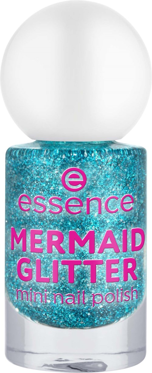 Eine Flasche blauer Glitzer-Nagellack namens Mermaid Glitter mit weißem Deckel.
