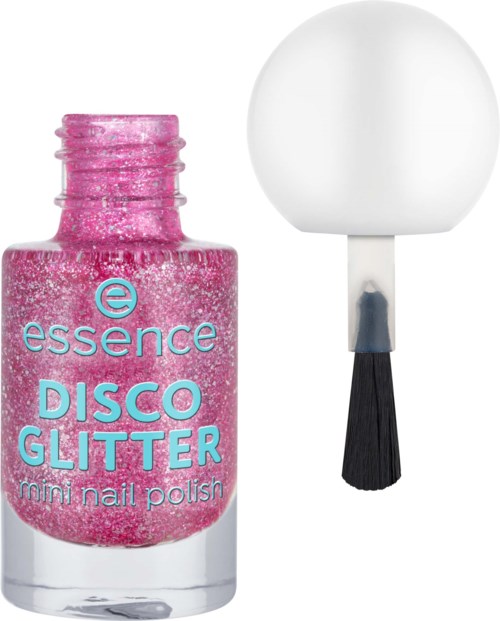 Kleine Flasche mit pinkem Glitzer-Nagellack, weißer Deckel und schwarzer Pinsel.