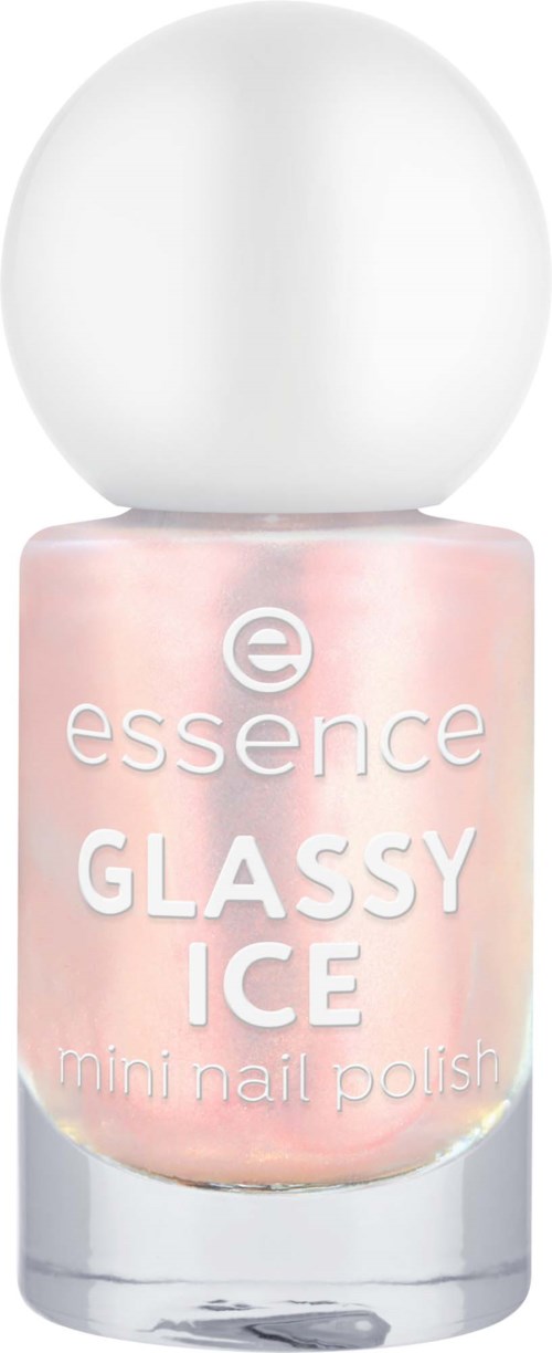 En liten nagellackflaska med ljusrosa färg och vit kork som heter Glossy Ice.