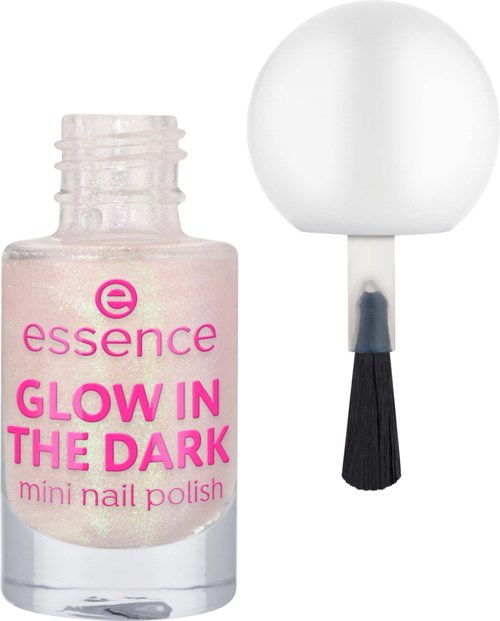 Eine Flasche mit pinkfarbenem Glitzer-Nagellack und ein weißer Nagelbuffer mit schwarzem Griff.