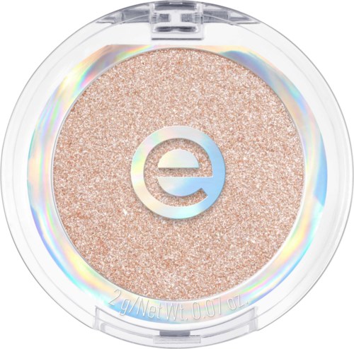 The eyeshadow is pink and glittery in a clear round container with a silver logo in the center.