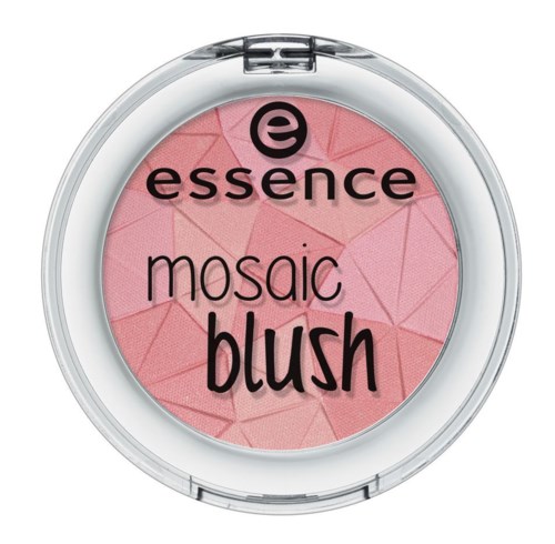 Rosa mosaic blush i genomskinlig rund behållare med svart och rosa textmärken.