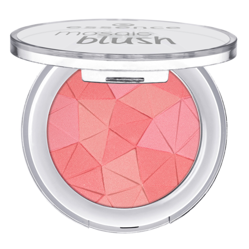En rund sminkkompakt med rosa och persika färgad blusher med geometriska mönster.