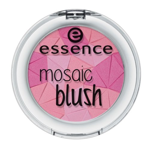 Ett runt rosa rouge-förpackning med varumärket 'essence' och orden 'mosaic blush' på.