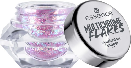Burkar med multichrome-flakes ögonskugga från Essence, med glittrande rosa och lila färger, i en rund behållare.