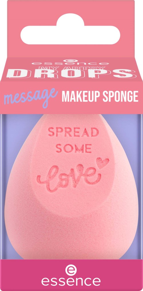 Ein rosa Make-up-Schwamm mit den Worten 'Spread Some Love' darauf, in Verpackung mit der Aufschrift 'Message Makeup Sponge.'