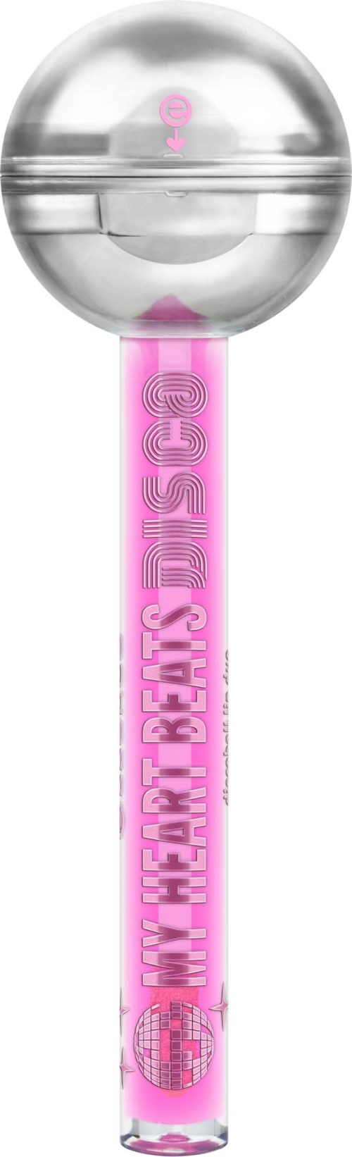 Ein klarer Plaststab mit einer glänzenden silbernen Kugel oben und rosa Schrift darunter.