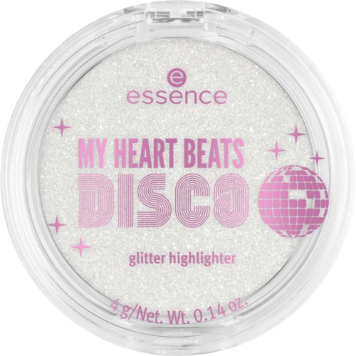 En glitterhighlighterbehållare med rosa text och en discokula som marknadsför en glittrig, rolig makeupprodukt.