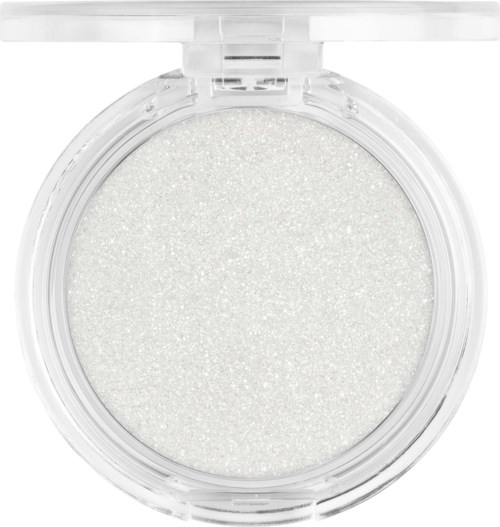 En rund behållare med vit glitterliknande pulver inuti. Behållaren har ett genomskinligt lock och är öppen.