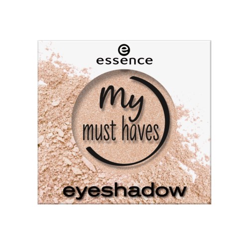 Een oogschaduwproduct van Essence met de woorden 'my must haves' in een cirkel op poederachtergrond.