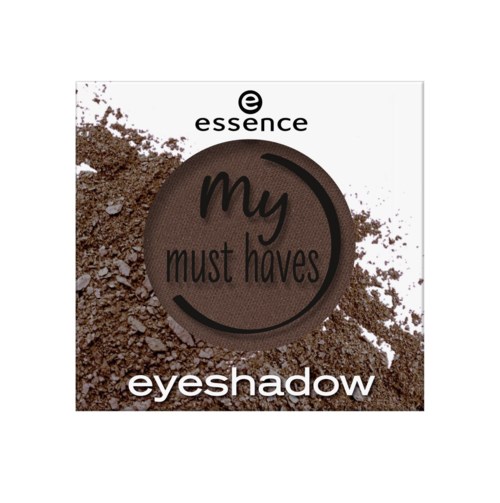 Een ronde oogschaduwdoos met bruin poeder en tekst 'My must haves' op een witte achtergrond.