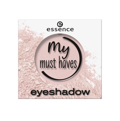 Een cosmetisch product genaamd 'My Must Haves' oogschaduw van Essence, met een roze poederachtergrond en cirkelvormig ontwerp.