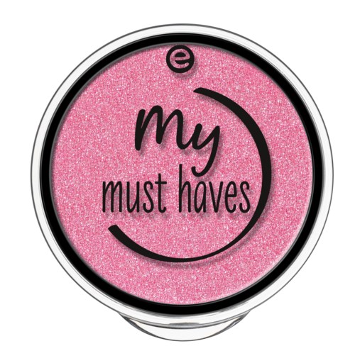 Roze achtergrond met zwarte en witte tekst die zegt "e my must haves," met een cirkelvormig ontwerp.