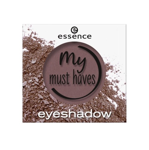 Een make-upproduct genaamd essence oogschaduw, met een bruine tint en een ronde houder, omgeven door los poeder.