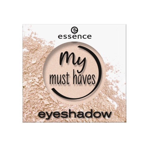 Een beige oogschaduwdoos met de woorden "my must haves" en poeder eromheen.