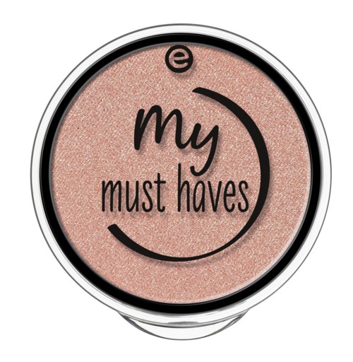 Dit is een make-upproduct met roze glitter en zwarte tekst die zegt "my must haves."