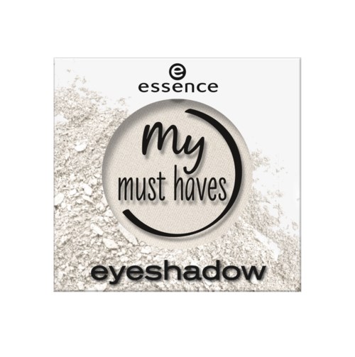 Een logo van Essence's oogschaduwcollectie genaamd 'My Must Haves' met een cirkelgrafiek en een textured achtergrond.