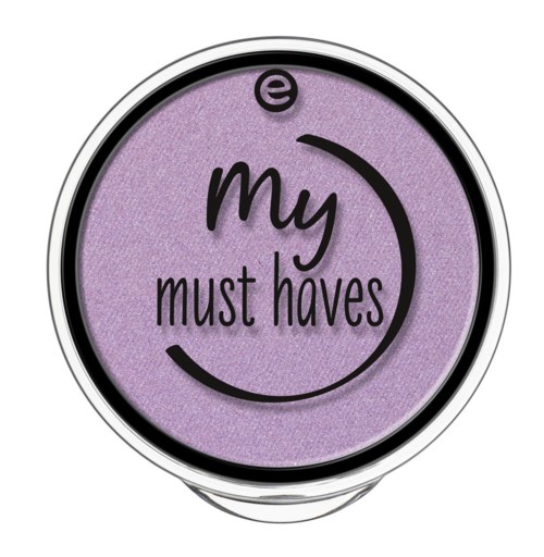 Een lavendelkleurig make-upproduct met een zwart-witlogo die 'my must haves' zegt.