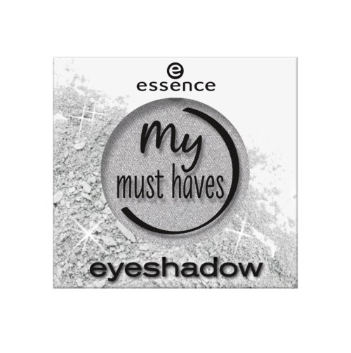 Een cosmeticaverpakking voor Essence oogschaduw genaamd 'My Must Haves' in zwart en wit.