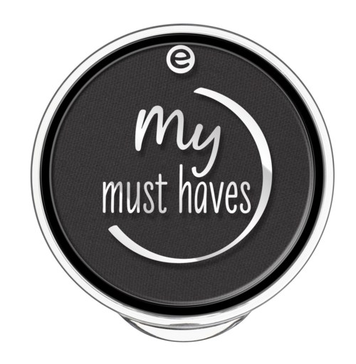 Een ronde zwarte knop met witte tekst die zegt "e my must haves" en een gedeeltelijke ronde lijn rond de woorden.