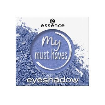 Blauwe oogschaduw met de woorden "My must haves" in een cirkel, en het merk "essence" bovenaan.