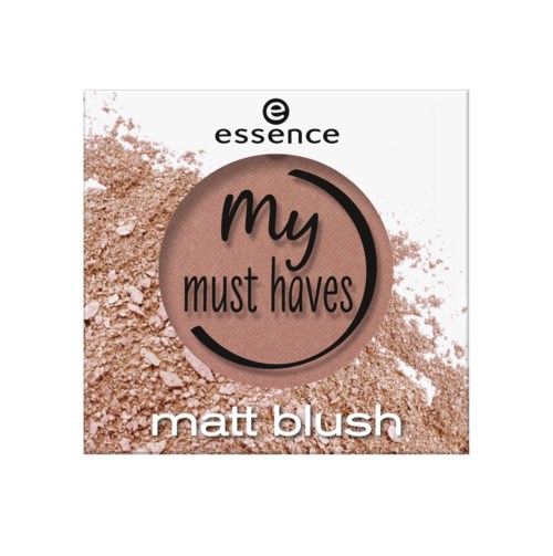 Meikkituote nimeltä 'My Must Haves' matt blush Essence-merkkisenä, jossa on vaalean ruskea jauhe sen ympärillä.