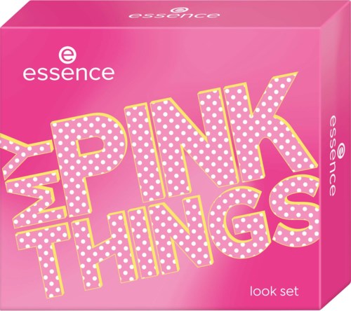 Felroze verpakking met de woorden Pink Things in grote witte en gele stippen, look set.