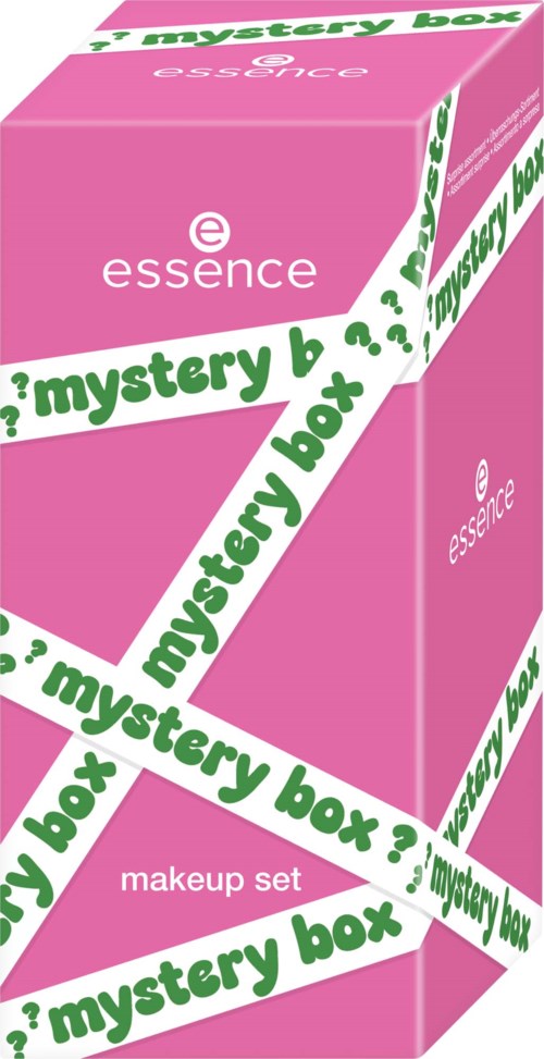 Pink box with white and green text, labeled 'essence' and 'mystery box'. It is a makeup set.