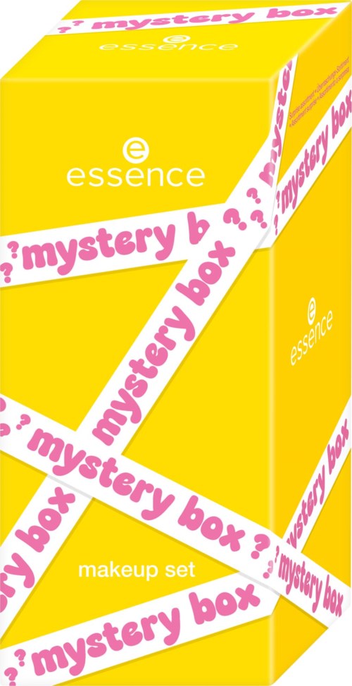 A yellow box labeled 'essence' with pink and white band reading 'mystery box' and 'makeup set'.