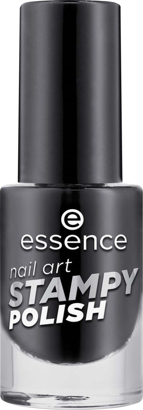 Musta kynsilakkapullo, jossa lukee 'essence nail art Stampy Polish' ja musta kansi.