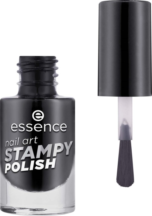 Musta kynsilakkapullo kynsilakalla ja harjalla, otsikolla 'essence nail art STAMPY POLISH.'