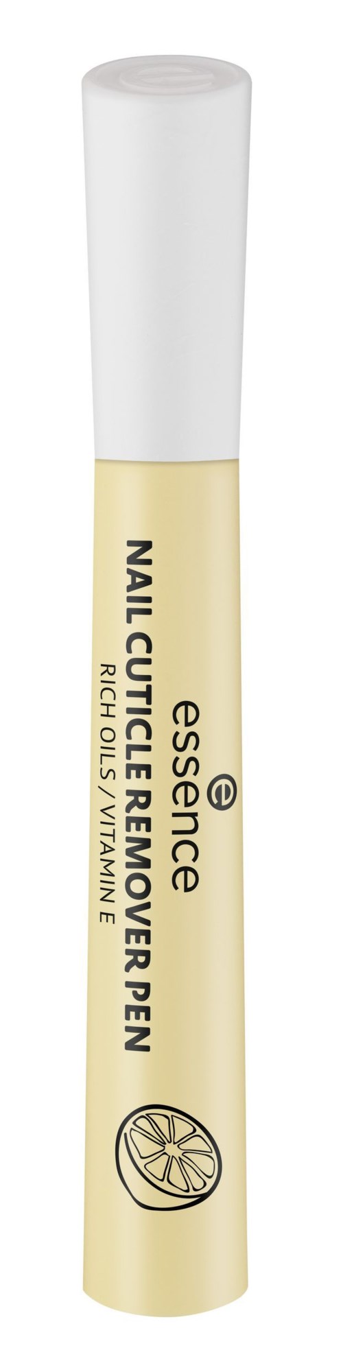En gul penna för att ta bort nagelkött, märkt 'Nail Cuticle Remover Pen' med citronillustration.