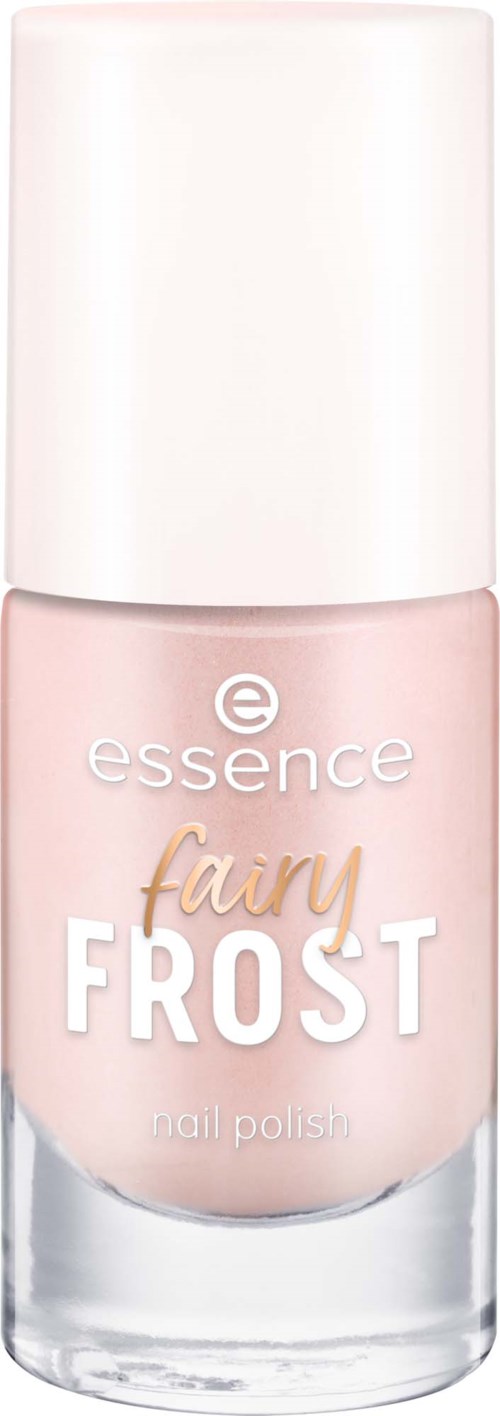 butelka lakieru do paznokci Essence Fairy Frost w jasnoróżowym kolorze z białą zakrętką.