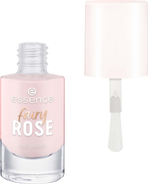 Różowa butelka lakieru do paznokci z białą nakrętką i pędzelkiem. Etykieta mówi fairy rose by essence.