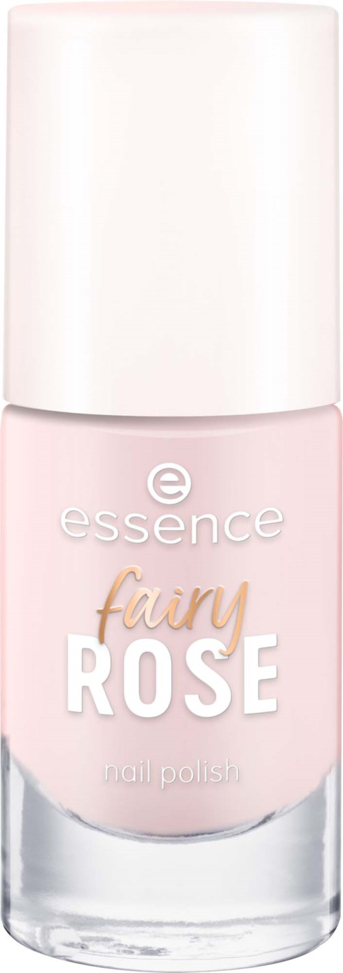 Butelka lakieru do paznokci Essence fairy rose, jasno różowy, z białą nakrętką i prostą etykietą.