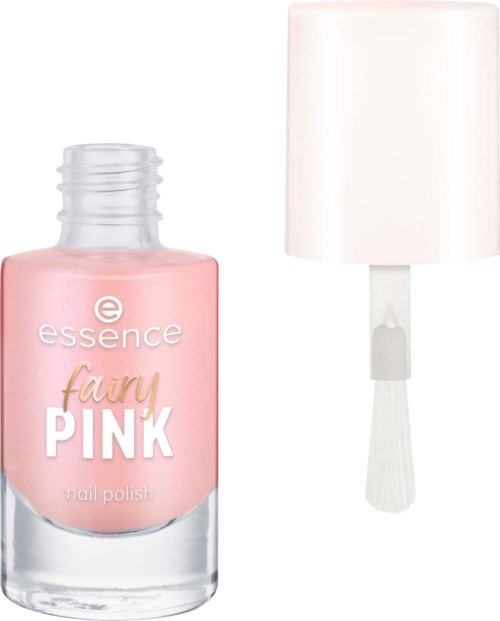 Różowa butelka lakieru do paznokci z białym korkiem i pędzelkiem, oznaczona jako Essence Fairy Pink.