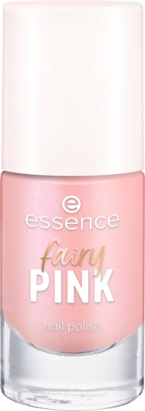 Różowa butelka lakieru do paznokci z białą zakrętką oznaczona essence fairy pink.