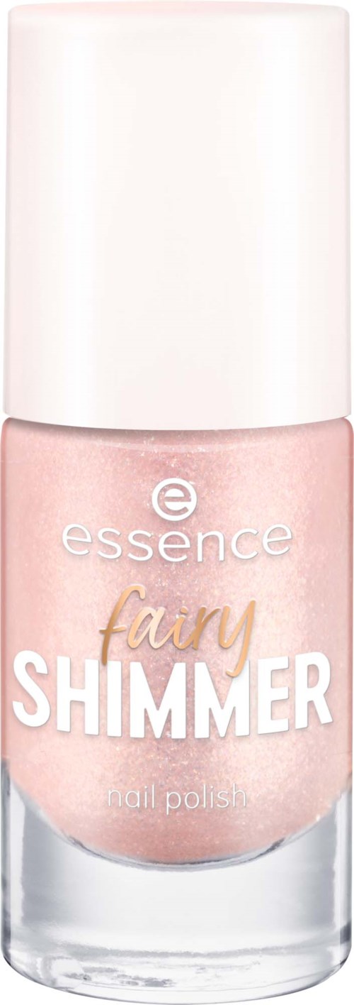 Różowa butelka lakieru do paznokci z białym zakrętką, oznaczona Essence Fairy Shimmer.