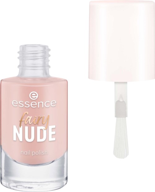 butelka lakieru do paznokci oznaczona fairy NUDE obok białej lampy lub urządzenia.