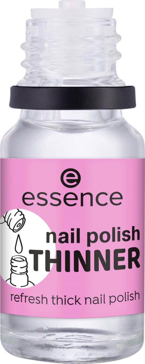 Kleine klare Flasche Nagellackentferner mit rosa Etikett und schwarzem Deckel.