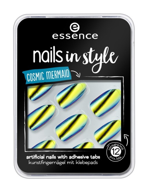 Colorful nail stickers with blue, yellow, and black stripes in a plastic case. The brand is Essence, called 'Cosmic Mermaid.'