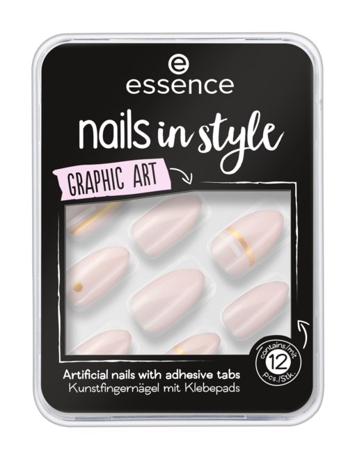 A black packaging box titled 'Nails in Style' shows artificial nails with gold and beige designs inside.