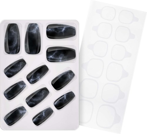 Set of black nail tips with a marble pattern, displayed in a plastic tray for nails.