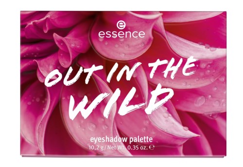 Ein rosa Hintergrund mit Blumendetails, Logo oben, und fetter weißer Schrift für eine Make-up-Palette.