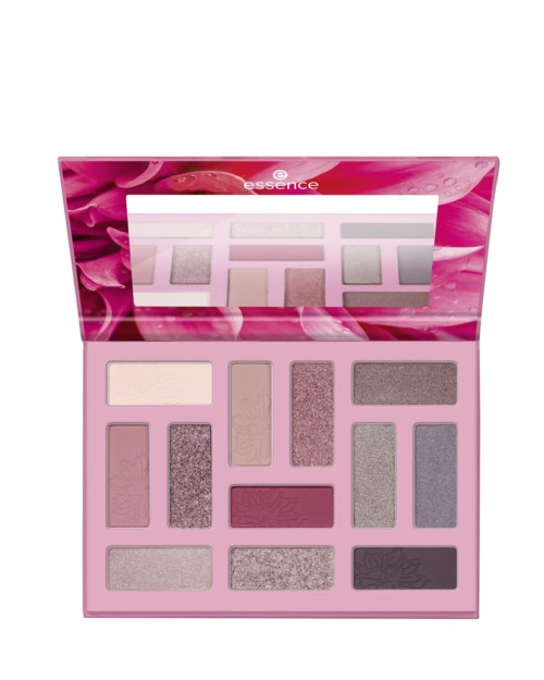 Eine rosa Lidschattenpalette mit verschiedenen Farbtönen, enthält einen Spiegel und unterschiedlich große rechteckige Pfannen.