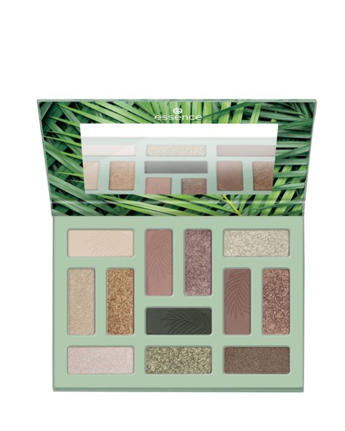 Eine grüne Lidschattenpalette mit verschiedenen Farben und einem Spiegel. Die Palette hat ein Blattmotiv im Hintergrund.