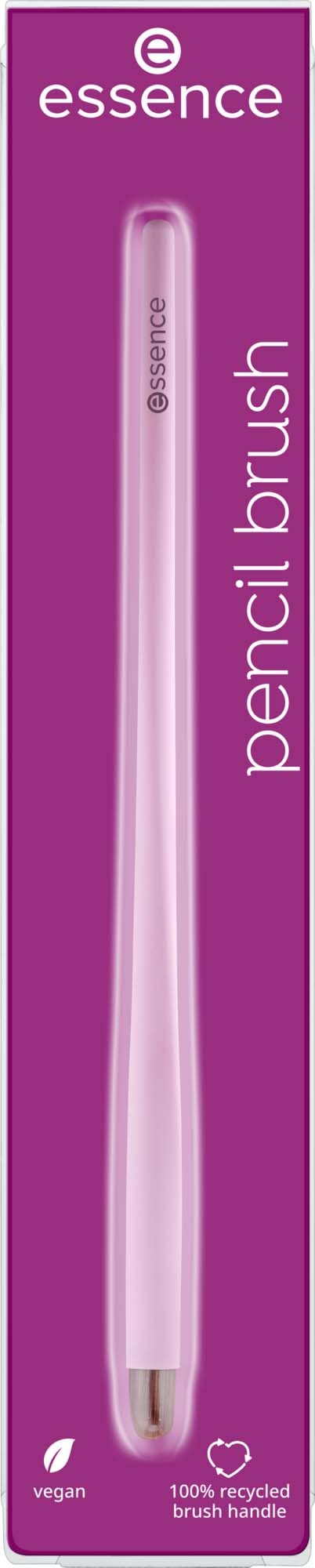 Een roze penseel in paarse verpakking met de woorden 'pencil brush' en 'essence'.