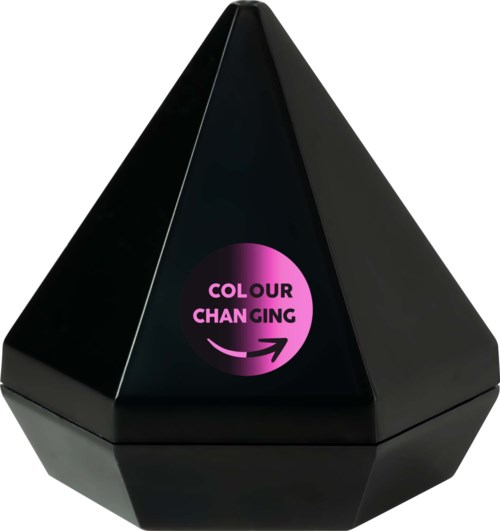 A black pyramid-shaped device with a purple logo that says 'COLOUR CHANGING' and an arrow.