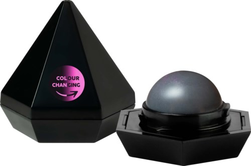 A black pyramid-shaped device and a round object on a black base, with a purple logo that says "COLOUR CHANGING."